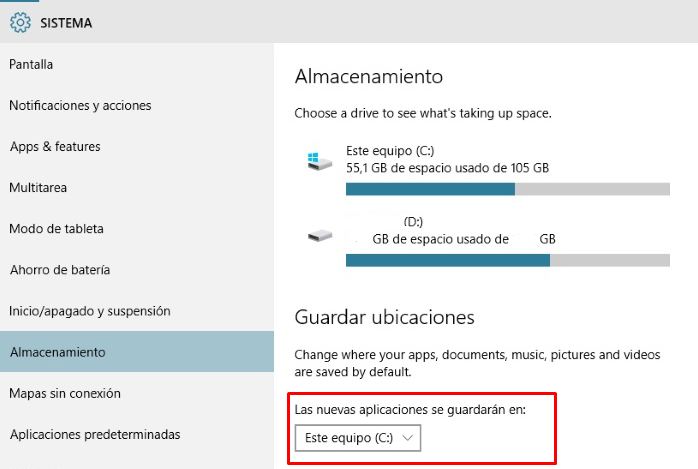 cambiar disco donde se guardan las aplicaciones